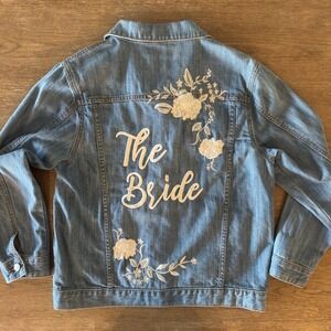 David's Bridal Embroidered Bride Jean Jacket with Flowers-Blue Denim-Size Medium